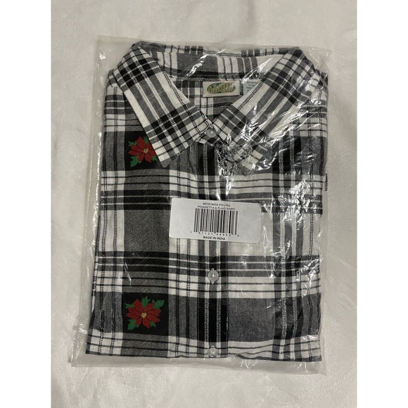 Collections Etc Embroidered Poinsettia Plaid Long Sleeve Woven Shirt Size Large - Picture 1 of 4